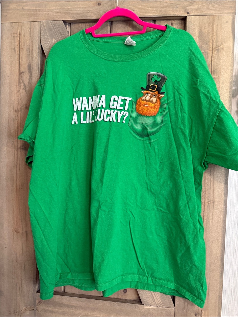 Fruit of the Loom Green St. Patrick's Day Tee with Leprechaun Pocket Graphic